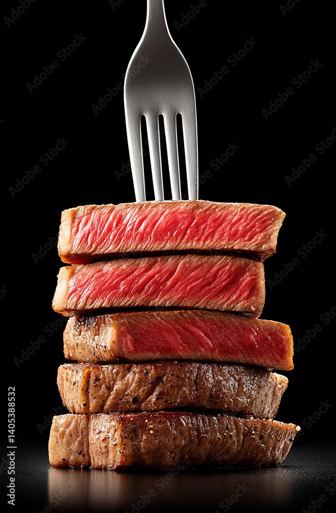 Stack of Medium Rare Steaks with Fork on Black Background for Culinary Photography