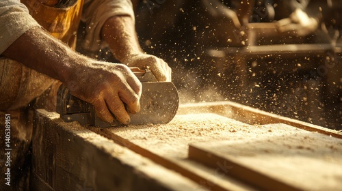Hands use a circular saw to cut through a wooden plank, with sawdust flying and safety gear visible, showcasing precision and caution.