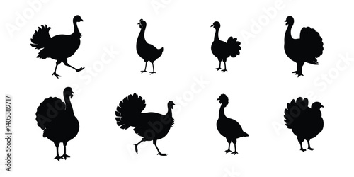 Set of turkey silhouette vector illustration.