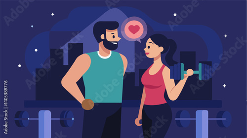 Date nights turning into gym dates causing the couple to drift further apart.. Vector illustration