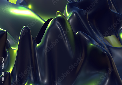 Green abstract 3D silk liquid chrome metalic blue color wave oil shiny flowing design render wallpaper silver background	
