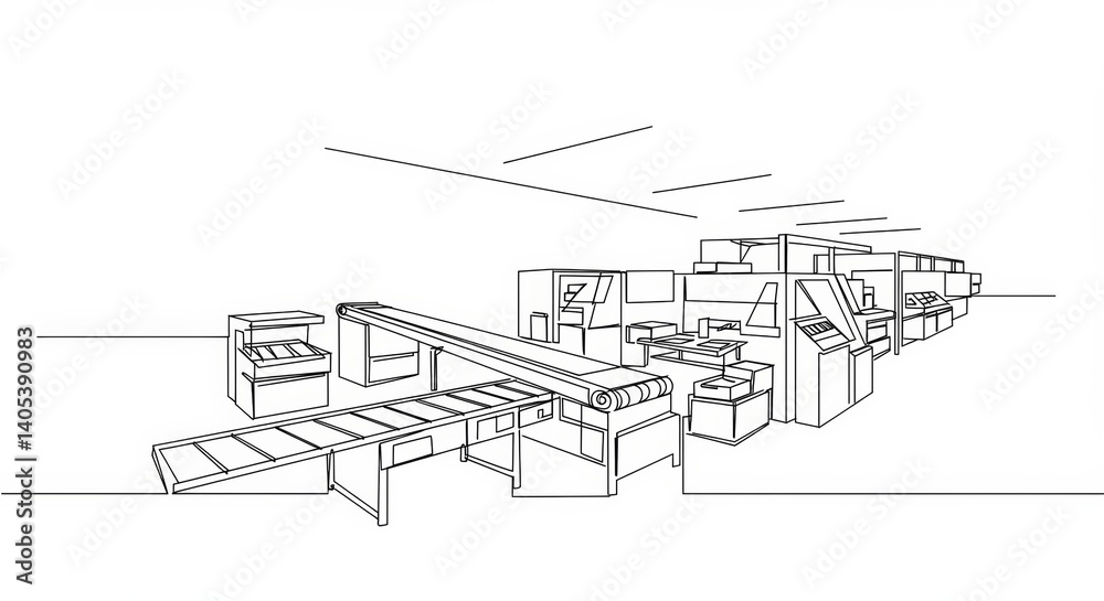 Obraz premium Minimalist line drawing showcasing a manufacturing facility with conveyor belts