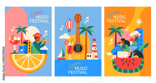 Summer music festival modern poster design set in trendy geometrical style. Template for cards, banner and background
