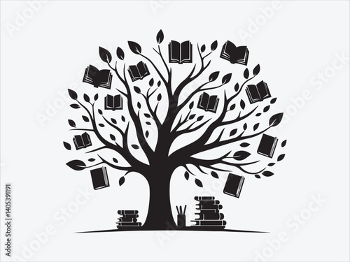 Tree with Books on Branches Silhouette Representing Knowledge, Learning, and Education in Nature-Inspired Design Themes