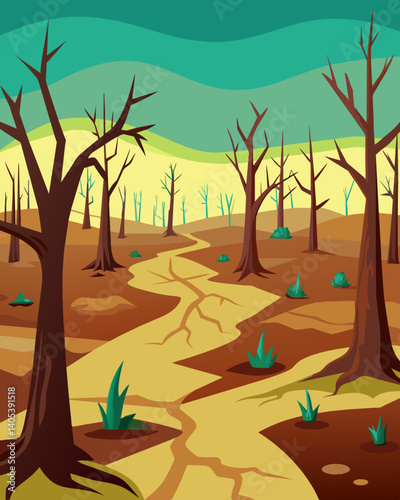 A once lush and green forest reduced to a dry and barren wasteland due to overproduction draining all of its water sources.. Vector illustration
