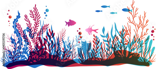 Undersea or aquarium colorful lanscape scene.  Underwater plants, corals and reef wildlife. Vector illustration with deep marine inhabitants in overlay style.
