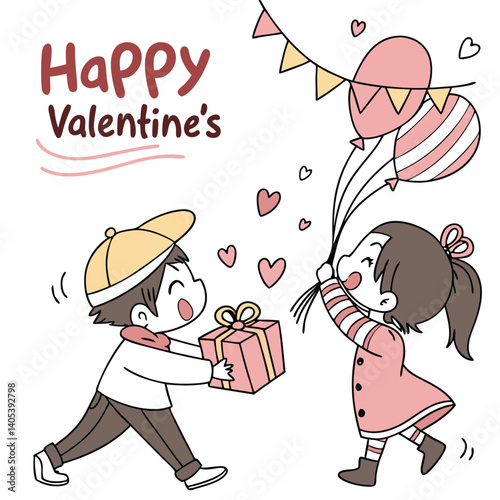 Cute kids exchanging Valentine's Day gift