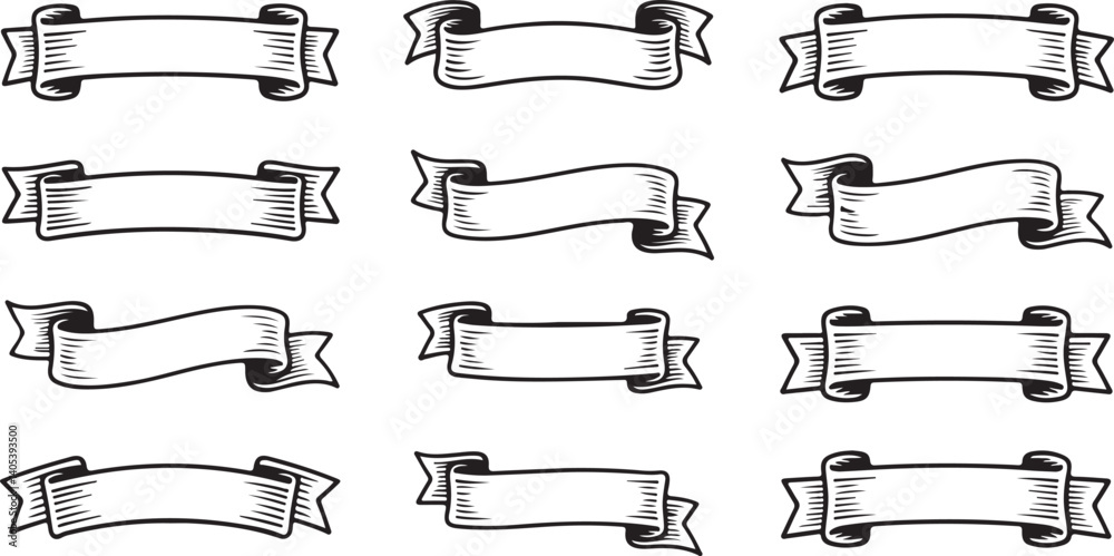 Vintage ribbon banner vector set blank scroll design elements, hand-drawn scrolls, retro decorative label and frame