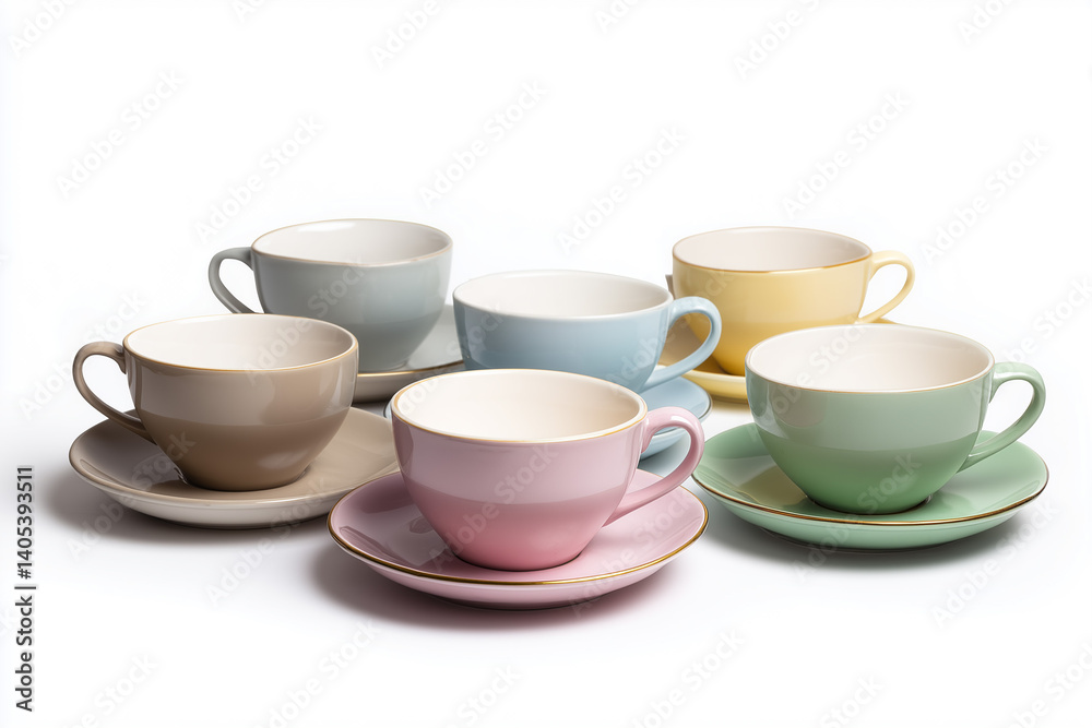 Elegant pastel teacups arranged on saucers showcasing modern design and color variety for delightful tea time moments Elegant pastel teacups arranged on saucers showcasing modern design and color variety for delightful tea time moments