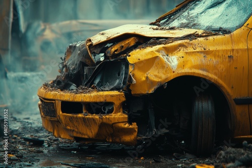 Damaged Yellow Car After Severe Accident on Urban Street
