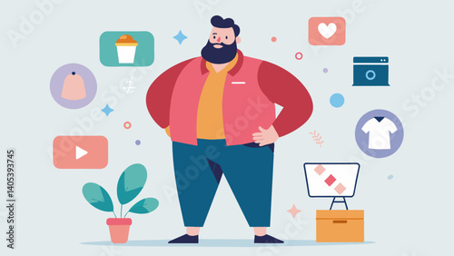 A fashion blogger sharing styling tips and outfit ideas for men with curvier or larger bodies serving as a source of inspiration and representation in the industry.. Vector illustration