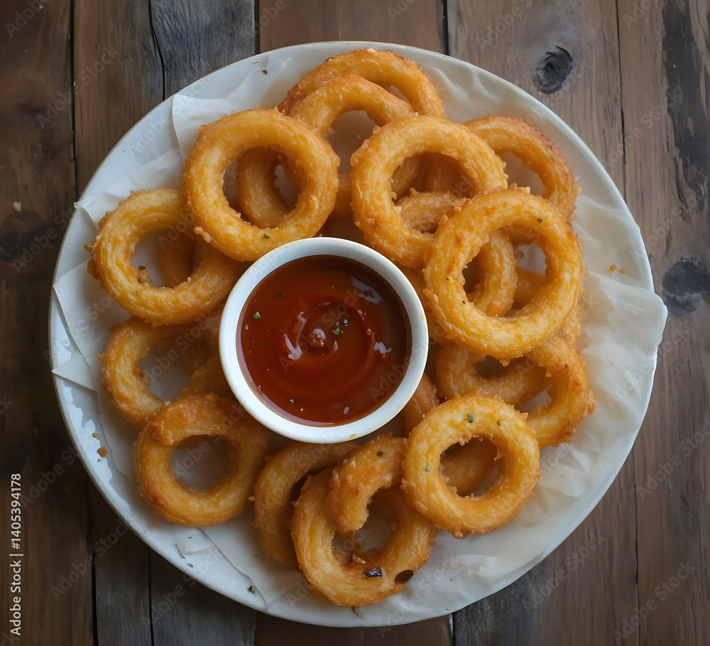 Crispy onion rings served with tangy dipping sauce on a wooden table Crispy onion rings served with tangy dipping sauce on a wooden table