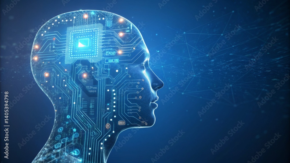 A striking futuristic digital profile of a human head showcasing intricate circuitry embedded in the center A striking futuristic digital profile of a human head showcasing intricate circuitry embedded in the center