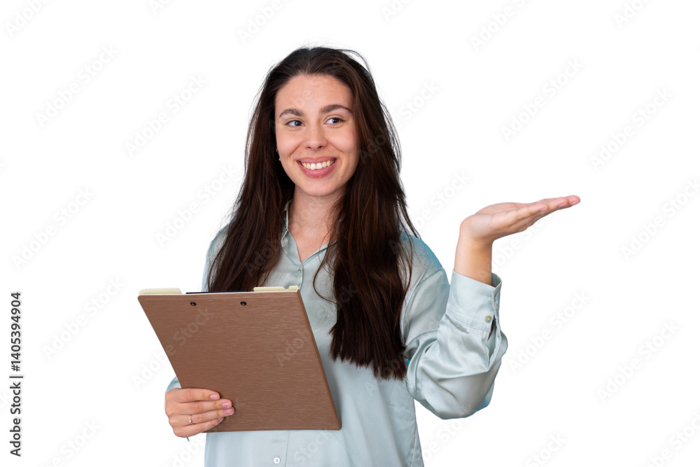 Professional woman gesturing while reviewing documents against isolated white backdrop Professional woman gesturing while reviewing documents against isolated white backdrop