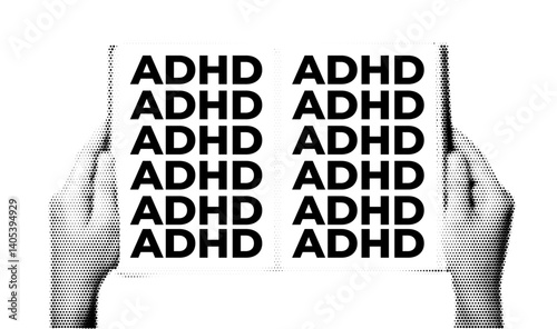 Halftone Illustration of Hands Holding an Open Book with the Text 'ADHD'