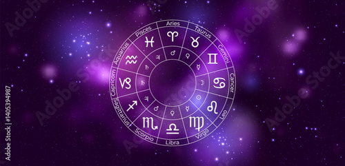 Circle with Zodiac Signs on Colorful Starry Space Background. Vector Illustration