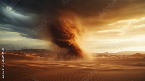 Massive sandstorm rising over desert under dramatic sky