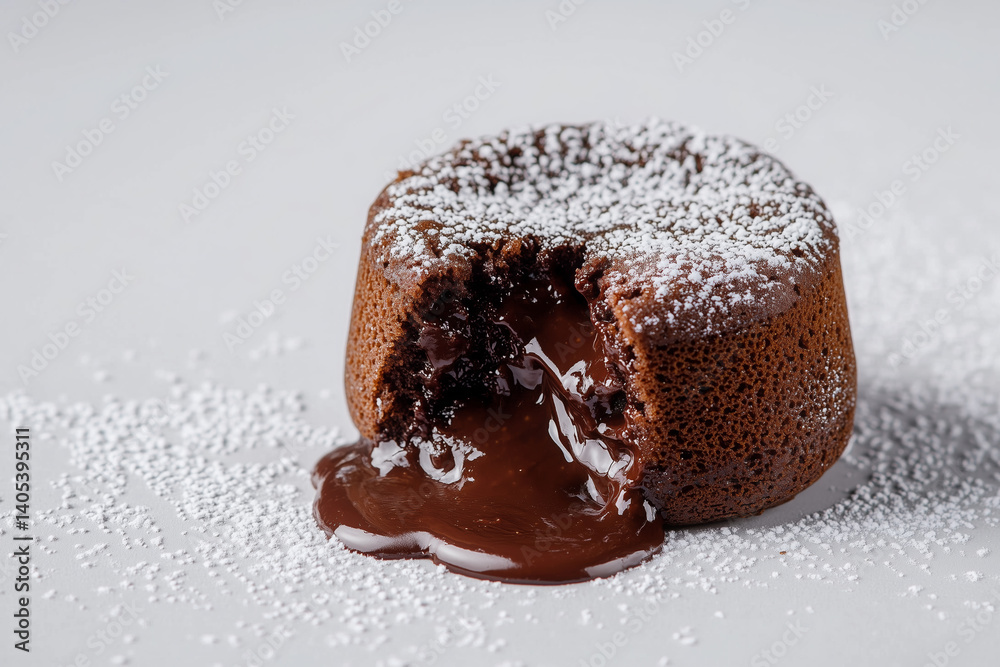 Chocolate lava cake with molten center and sugar dust Chocolate lava cake with molten center and sugar dust