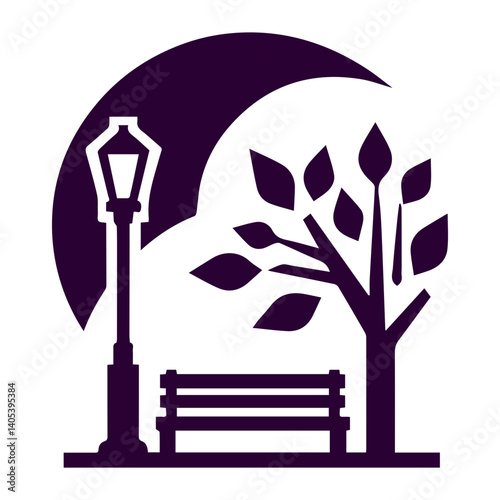 Exquisite streetlight illustration combining abstract bench, tree, and shapes
