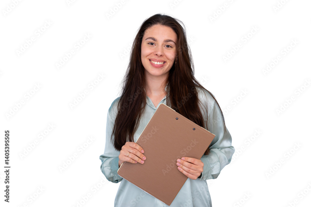 Studio shot of a young businesswoman holding a clipboard, smiling, on a transparent background Studio shot of a young businesswoman holding a clipboard, smiling, on a transparent background