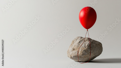 Balloon tied to a heavy rock symbolizing hope held back by burden