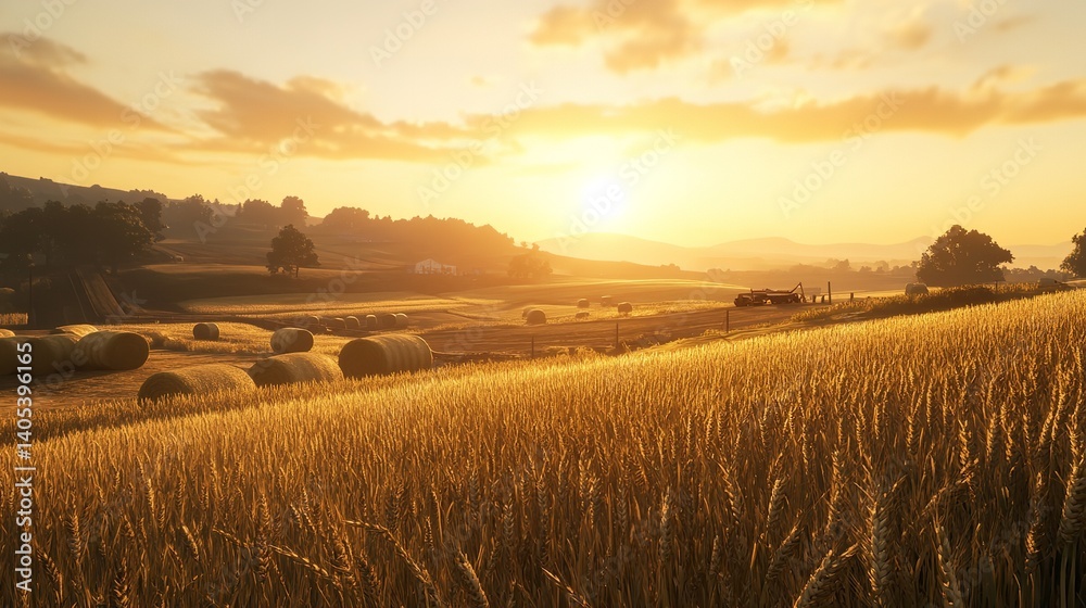 Obraz premium Golden Wheat Field Sunset Rural Landscape Serene Summer Farm Hay Bales Countryside Idyllic Peaceful Tranquil Nature Scenery Agricultural Harvest