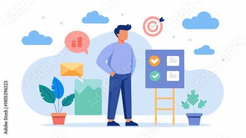 Alongside a vision board a man recites his clear and focused goals for his physical and mental wellbeing.. Vector illustration