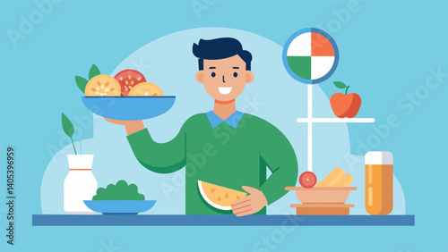 A man preparing a balanced plate with a variety of food groups including lean protein leafy greens and whole grains.. Vector illustration