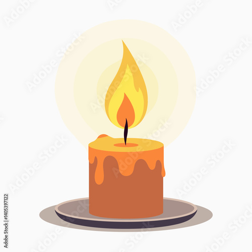 warm glowing candle with orange flame on white plate