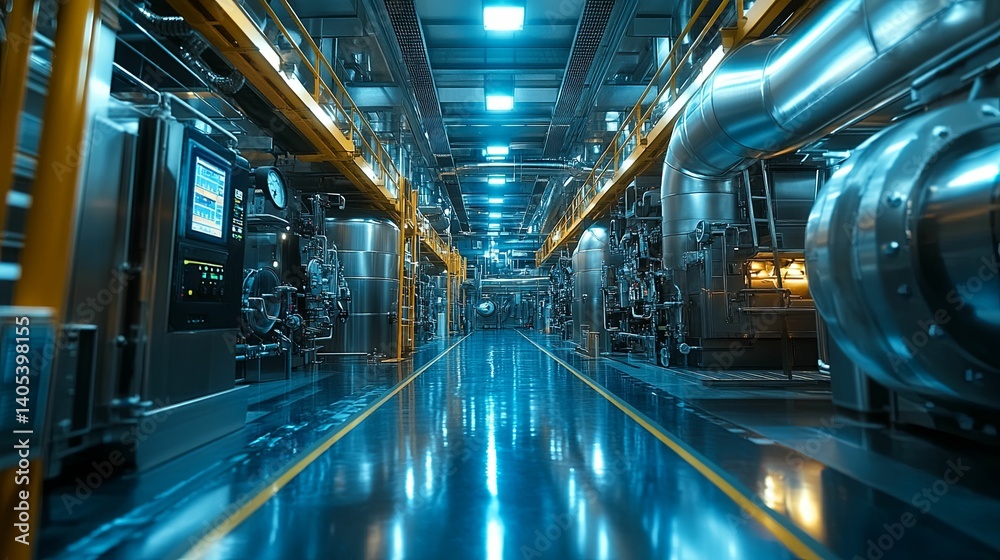 Fototapeta premium Industrial machinery corridor showcasing advanced technological equipment.