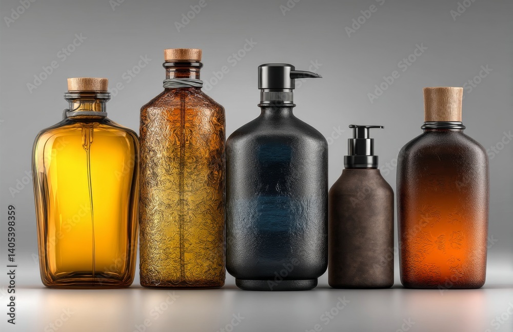 a group of four different colored glass bottles with cork stoppers, each with a unique design The bottles are of varying sizes and shapes, with the largest one in a group of four different colored glass bottles with cork stoppers, each with a unique design The bottles are of varying sizes and shapes, with the largest one in