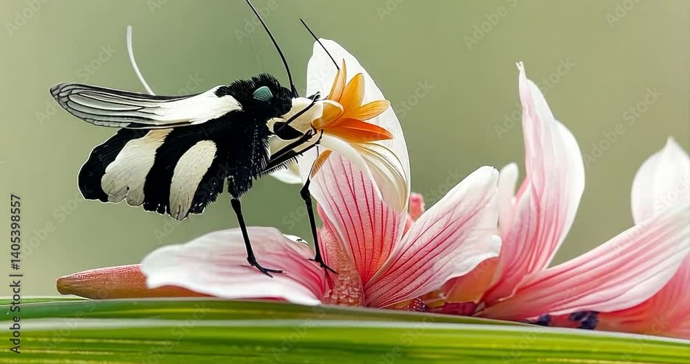 Black and white insect on pink flower petal macro photo
