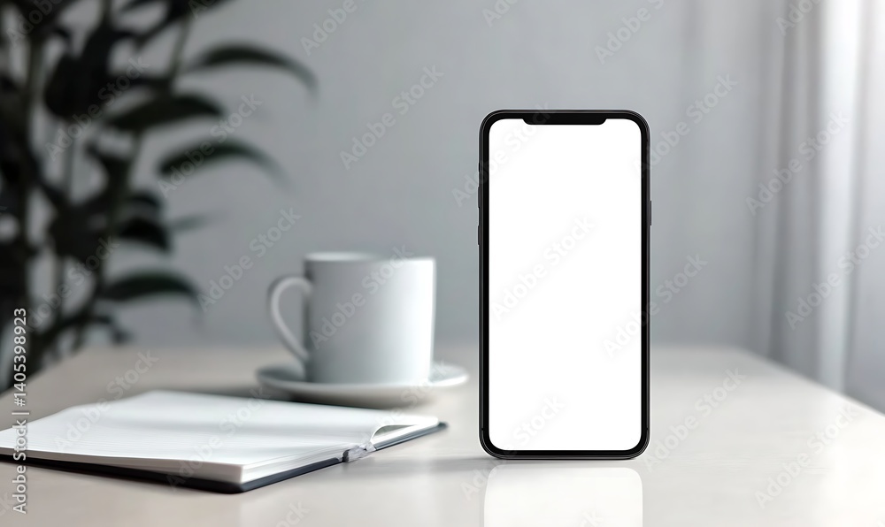 A smartphone with a blank screen standing on a desk next to a coffee cup and notebook. Ideal for productivity, app design, and branding mockups. A smartphone with a blank screen standing on a desk next to a coffee cup and notebook. Ideal for productivity, app design, and branding mockups.