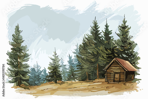 hand drawn sketch forest and house