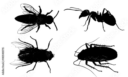 Insect icons such as flies, bees, ants, and cockroaches with black silhouette concept on transparent background. Suitable for symbols, educational illustrations, or insect-themed design elements.