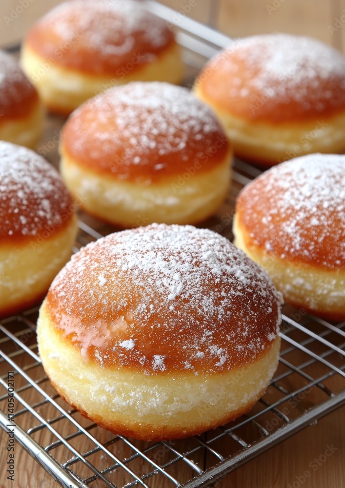 Freshly baked, sugared doughnuts on a wire rack. Golden-brown, round pastries dusted with powdered sugar, sitting atop a metal cooling grid. Close-up view Freshly baked, sugared doughnuts on a wire rack. Golden-brown, round pastries dusted with powdered sugar, sitting atop a metal cooling grid. Close-up view
