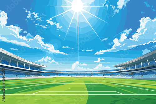 Football arena field with lights sun daytime vector design. Vector illustration