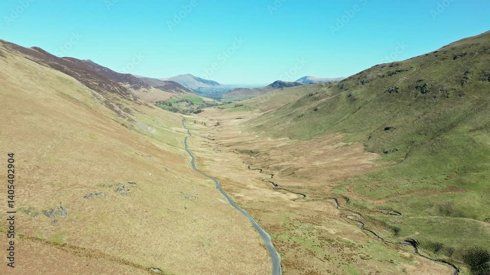 Aerial view of Newlands pass near Moss Force waterfall, in Lake District, UK Aerial view of Newlands pass near Moss Force waterfall, in Lake District, UK