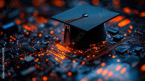 Graduation cap rests on a circuit board, symbolizing the fusion of education and technology in a modern setting