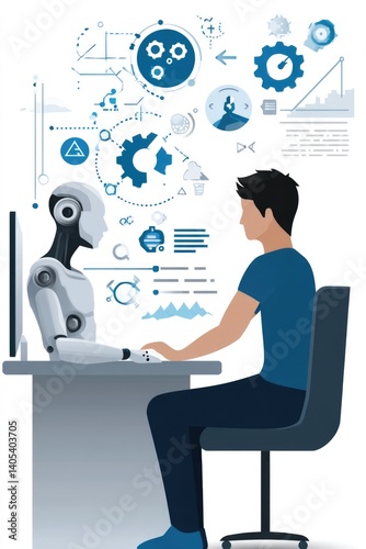 Robotic process automation (RPA) leverages AI to improve operational productivity. An individual uses a computer with advanced automation tools, optimizing workflows via digital innovation and strate
