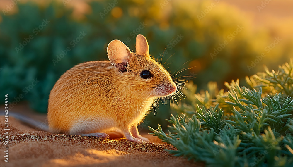 Fototapeta premium Golden desert rodent basking in warm sunset light, amidst desert flora . Generative AI