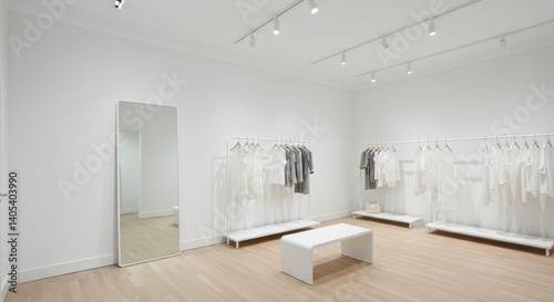 A bright clothing boutique showcasing minimalist fashion in a spacious showroom