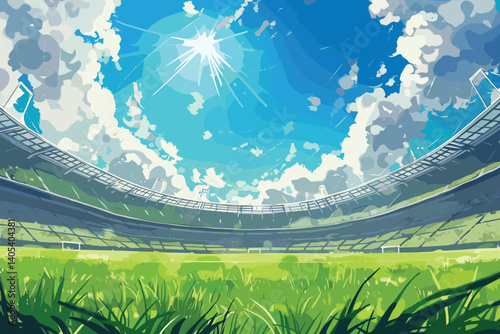 Football arena field with lights sun daytime vector design. Vector illustration