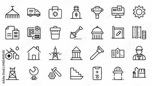 Professional construction themed outline icon set ideal for builders architects project managers and structural engineering presentations