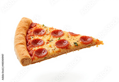 Savoury pepperoni pizza, flying Slice of pizza with toppings on it.