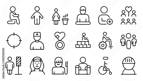 Inclusive and clear outline icons representing disability support healthcare access assistive tools and social inclusion efforts