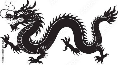 Chinese dragon tattoo vector illustrations Mythical oriental creature in tribal style, black silhouette design for art and print.