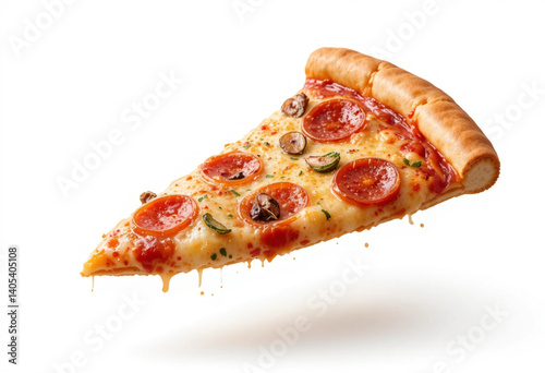 Savoury pepperoni pizza, flying Slice of pizza with toppings on it.