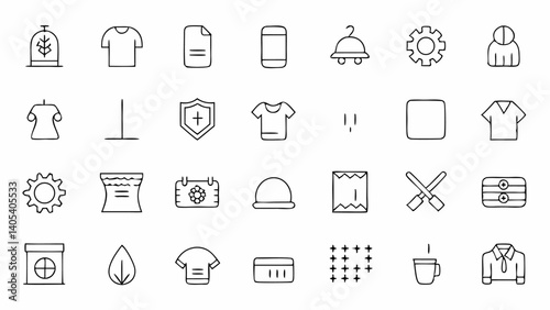 This modern pack of fabric features outline icons is perfect for illustrating textures, garment labels, cloth care, and other key elements in the fashion and textile industry