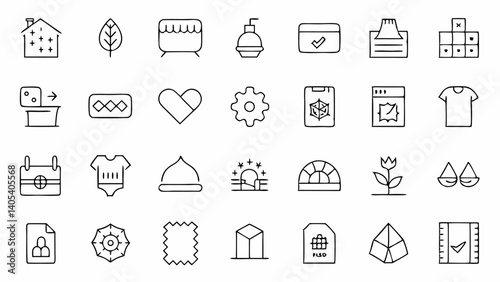 Minimalistic fabric feature icons in a detailed outline style, suitable for ecommerce websites, fashion product pages, technical sheets, or clothing brand presentations